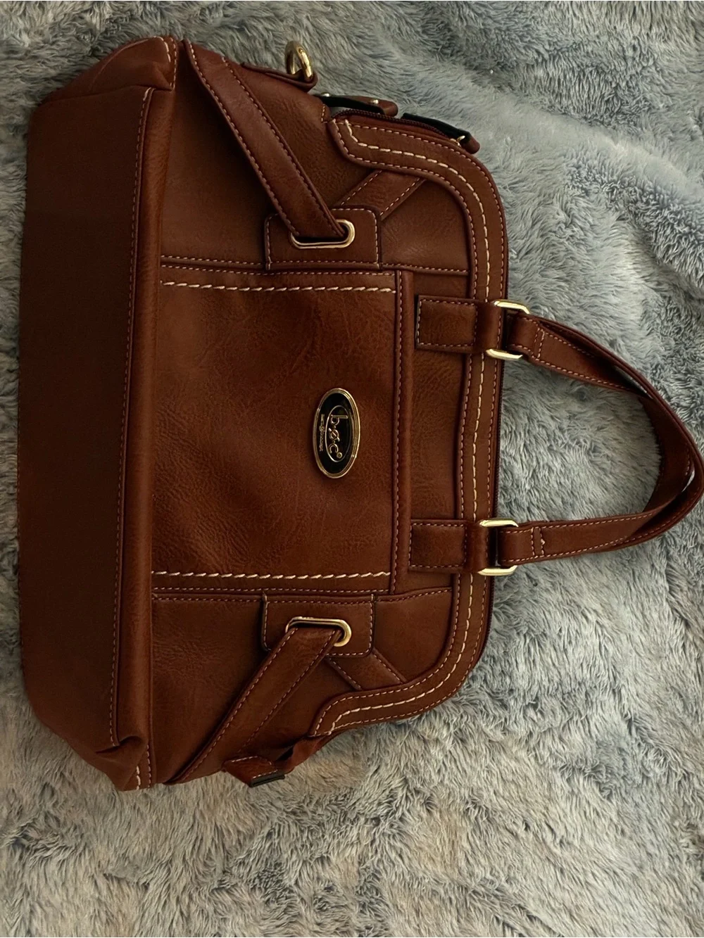 BCBG Cognac Brown Leather Satchel with Gold Hardware